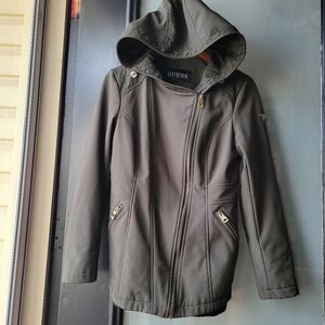 Guess S/CH Soft Shell Hooded Military Green Zip Women's Jacket Pockets Logo